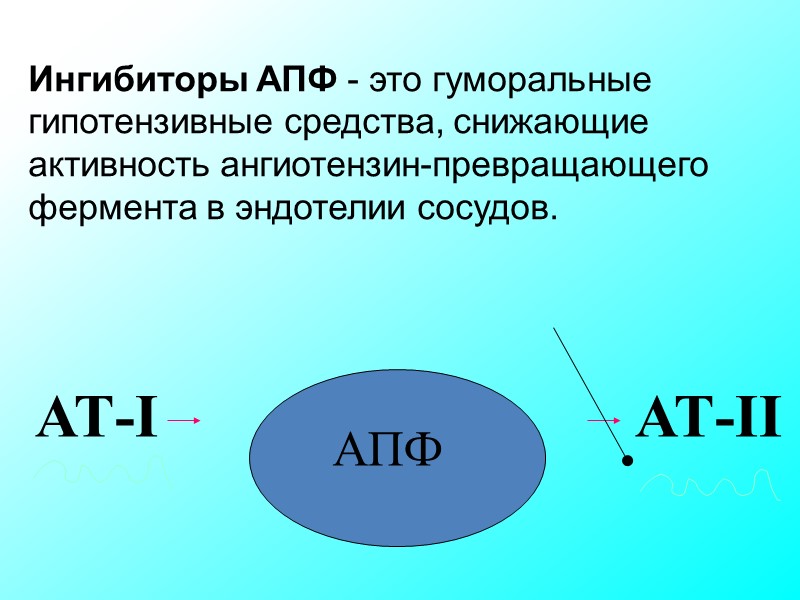 Ингибиторы АПФ - это гуморальные гипотензивные средства, снижающие активность ангиотензин-превращающего фермента в эндотелии сосудов. Ингибиторы АПФ - это гуморальные гипотензивные средства, снижающие активность ангиотензин-превращающего фермента в эндотелии сосудов.